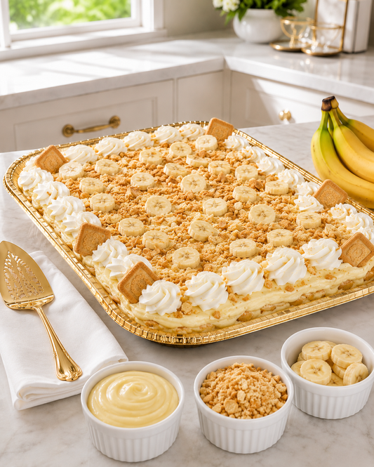 Chi's Banana Bliss family platter - banana pudding layered with Chessman cookies and fresh-sliced bananas in a 9x13 pan