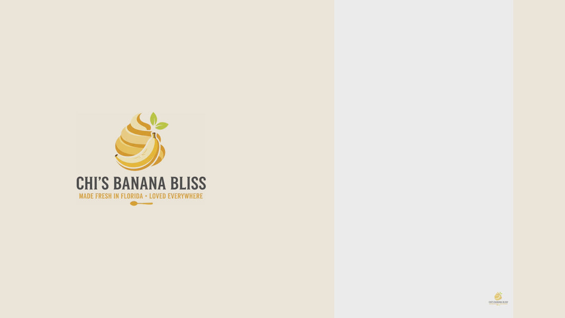 Chi (aka Miss Bliss) in a yellow blouse and Chi's Banana Bliss apron, smiling in a white kitchen behind a gold tray of banana pudding cups topped with cookies and banana slices.